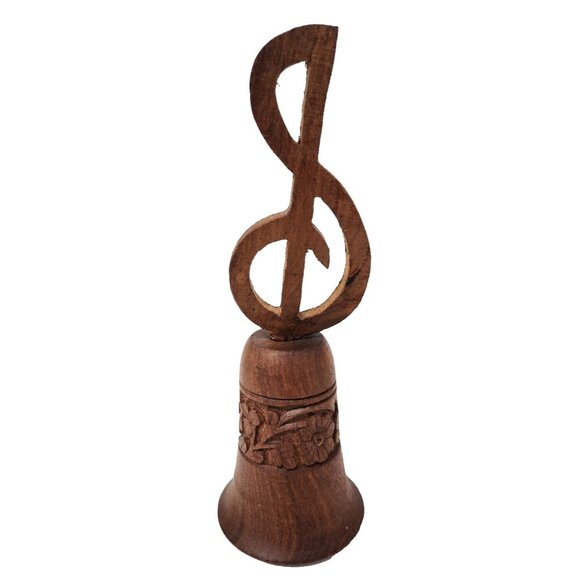 Vintage S.S. Sarna India Wood Floral Design Bell Treble Clef Handle Hand Carved - Picture 1 of 8